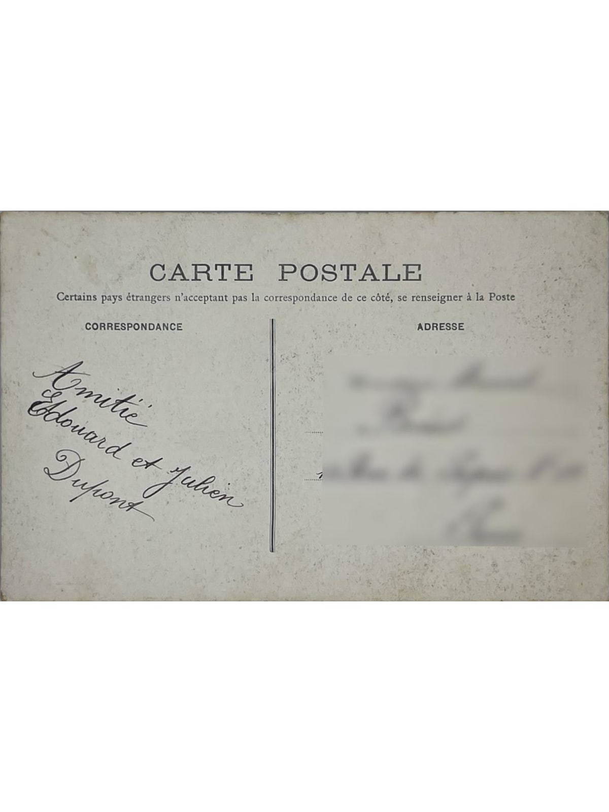 Verso de la carte postale