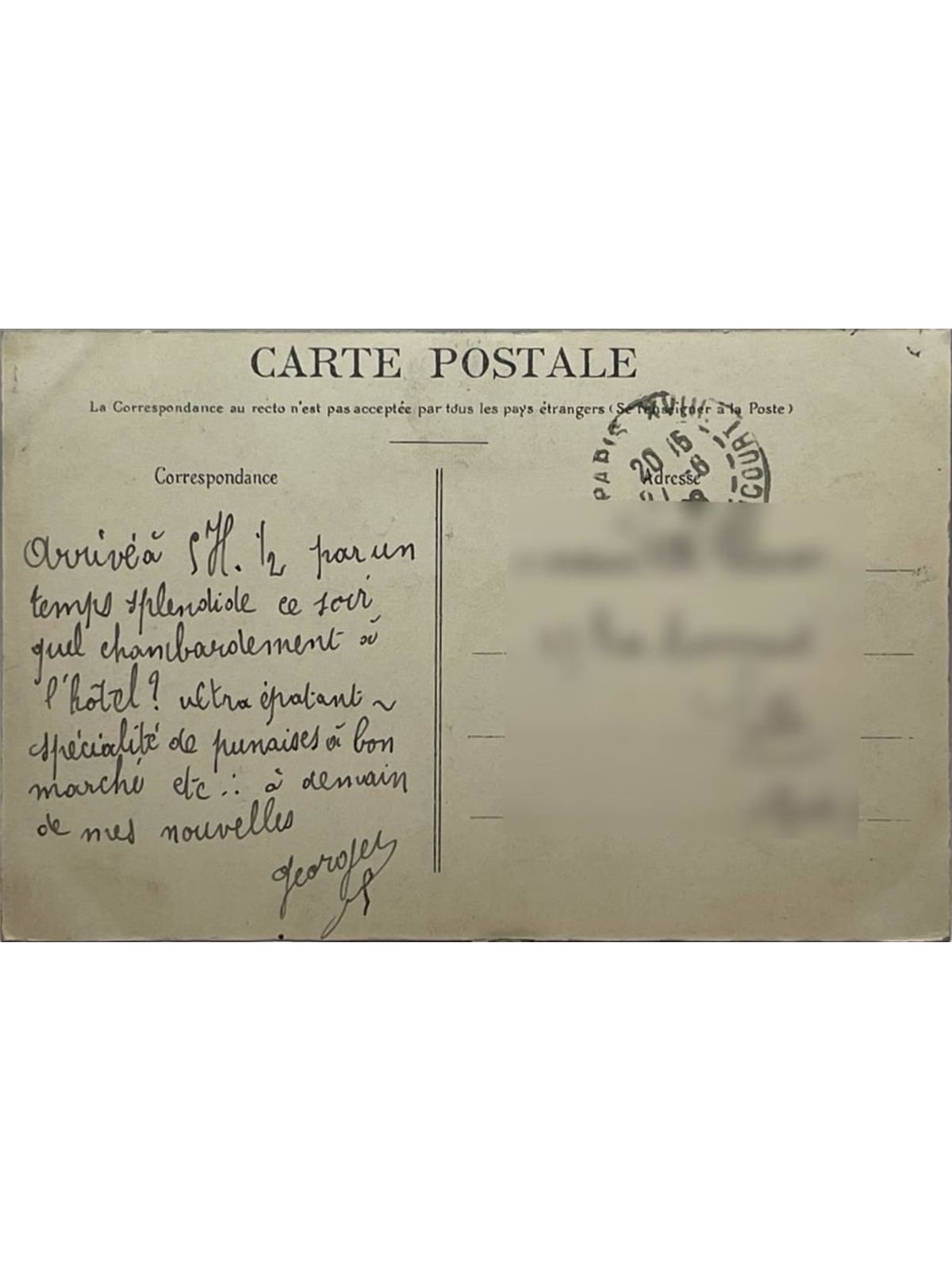 Verso de la carte postale