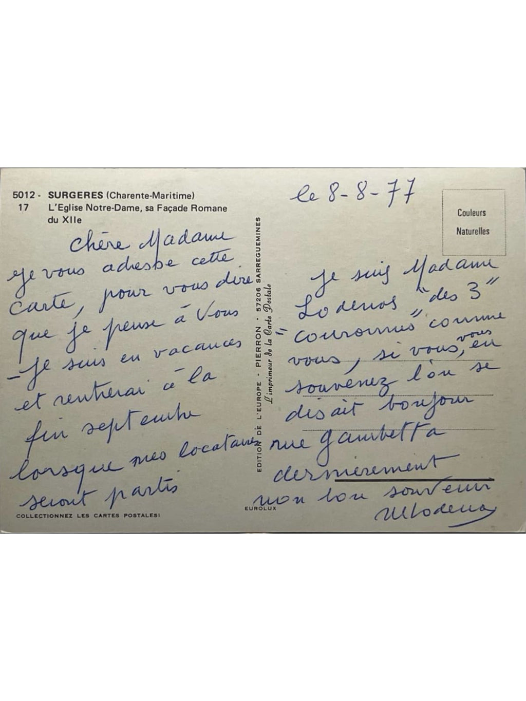 Verso de la carte postale