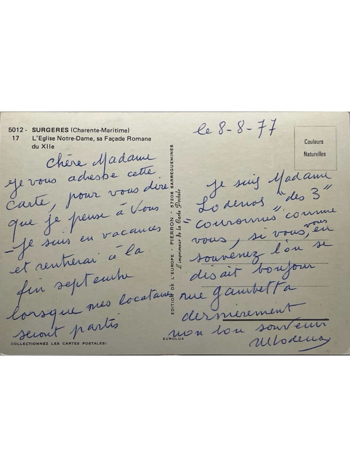 Verso de la carte postale