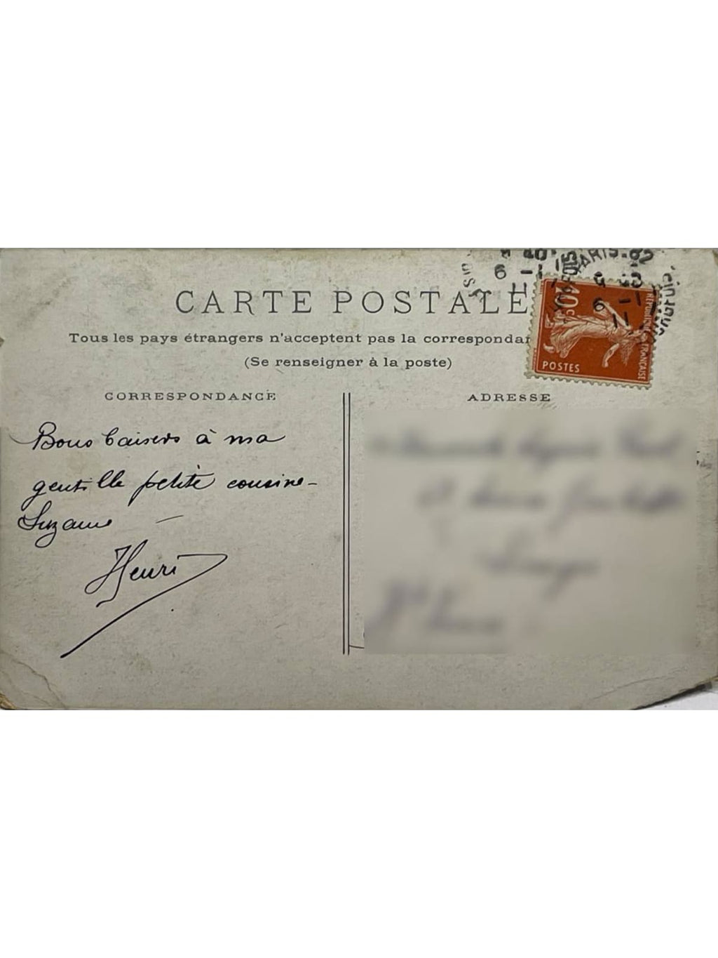 Verso de la carte postale