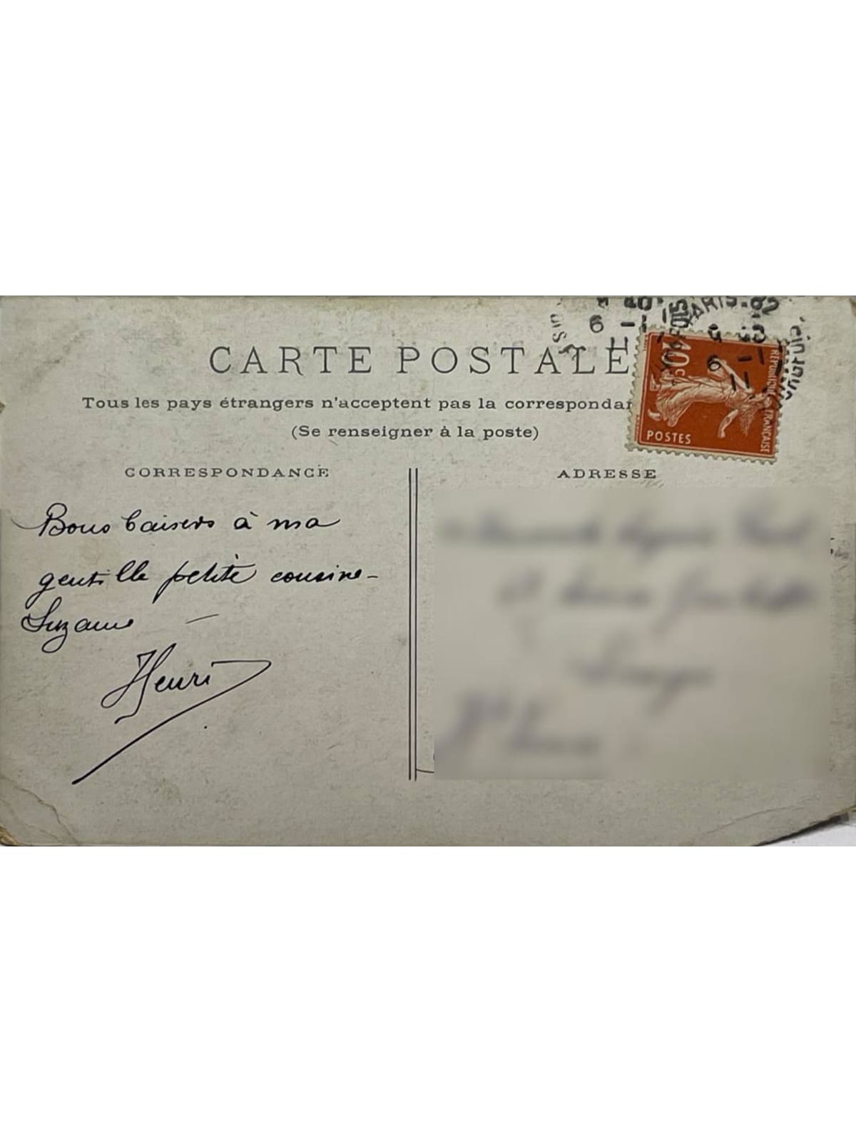 Verso de la carte postale