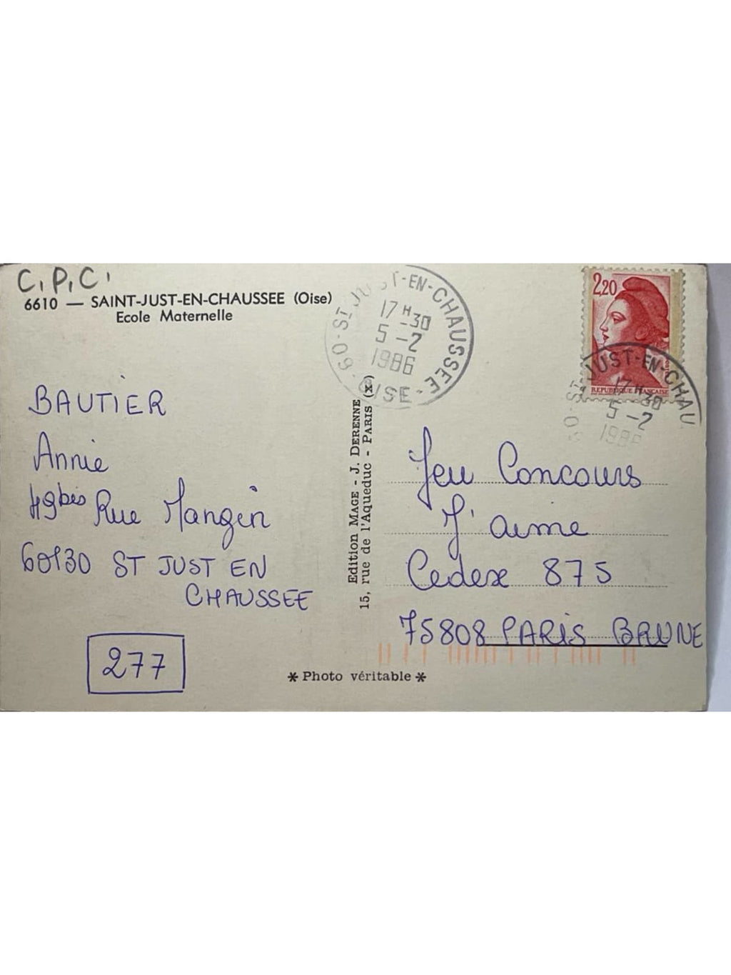 Verso de la carte postale