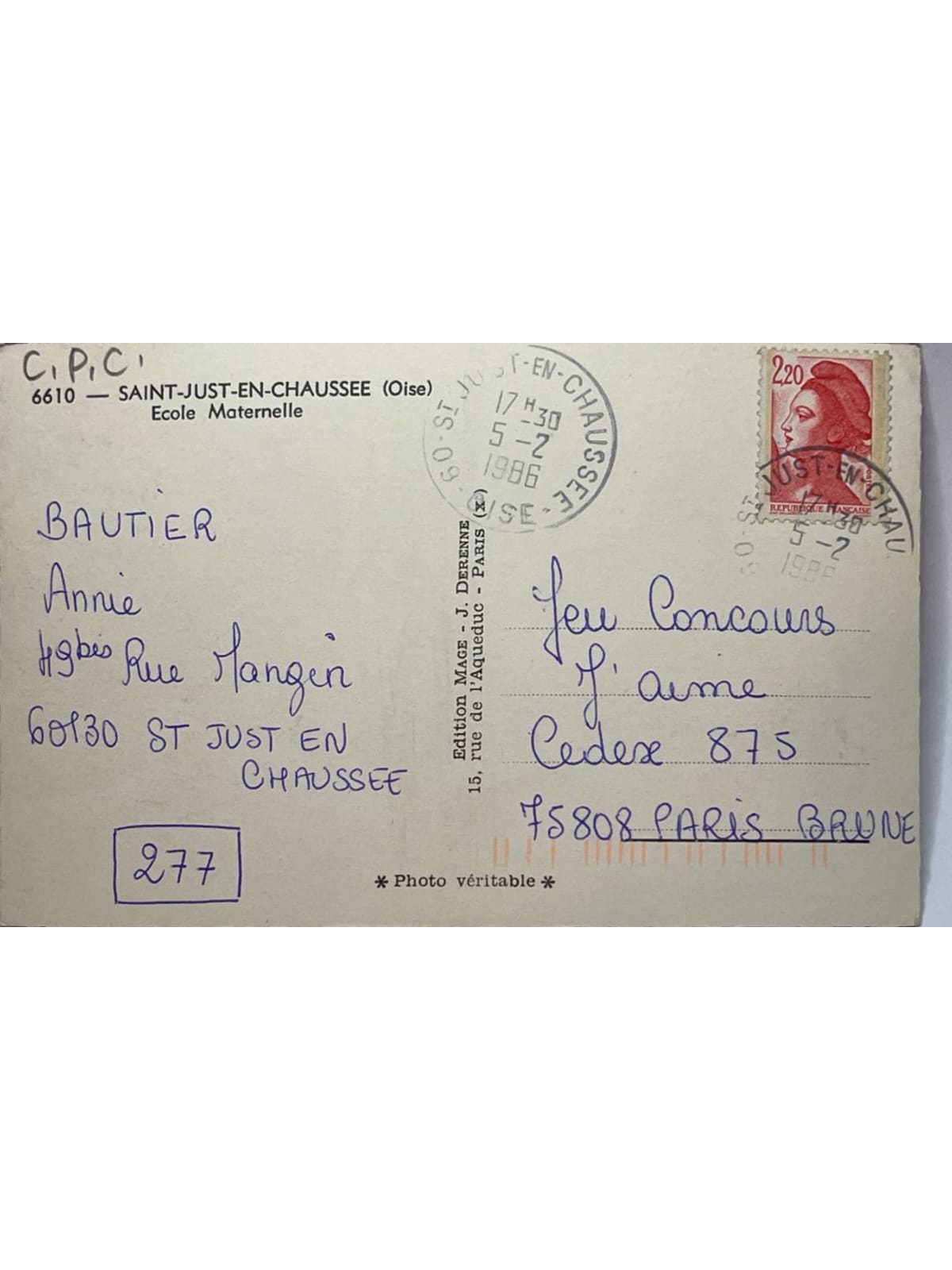 Verso de la carte postale