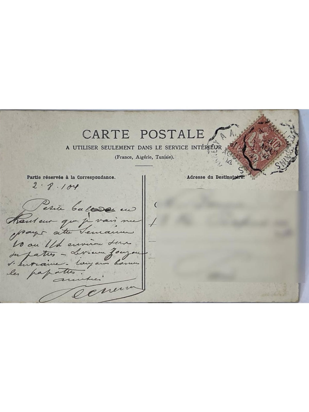 Verso de la carte postale