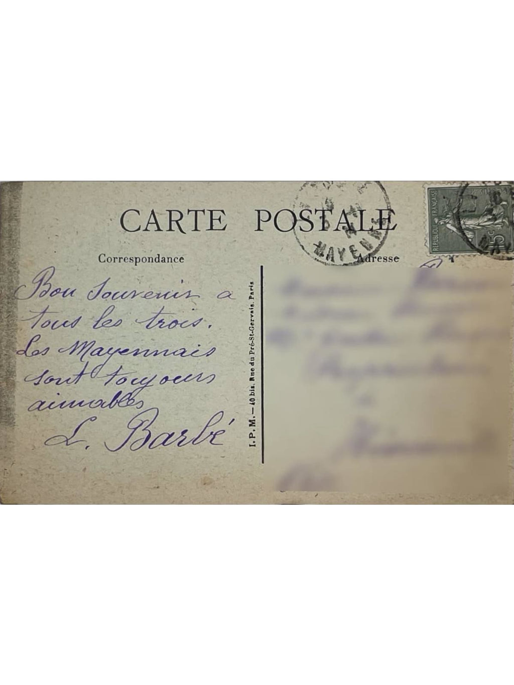 Verso de la carte postale