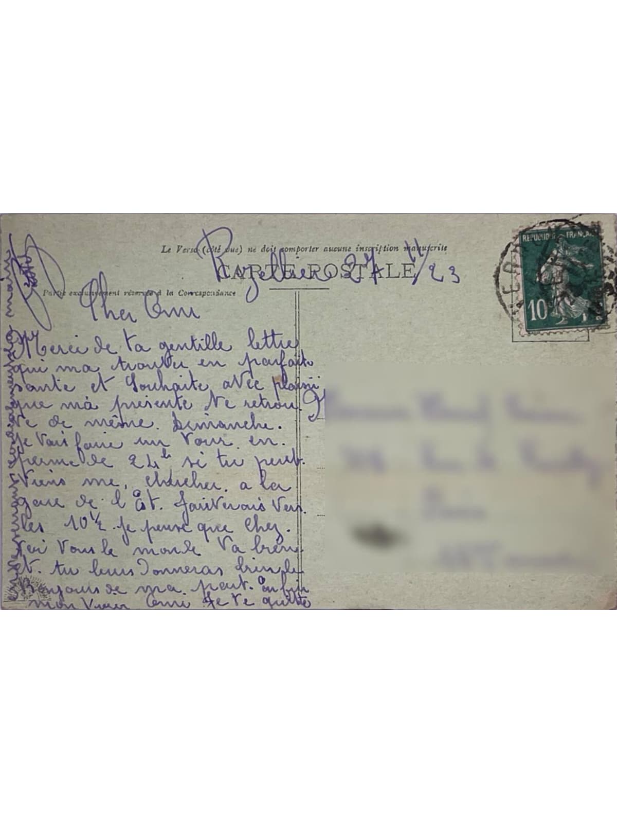 Verso de la carte postale