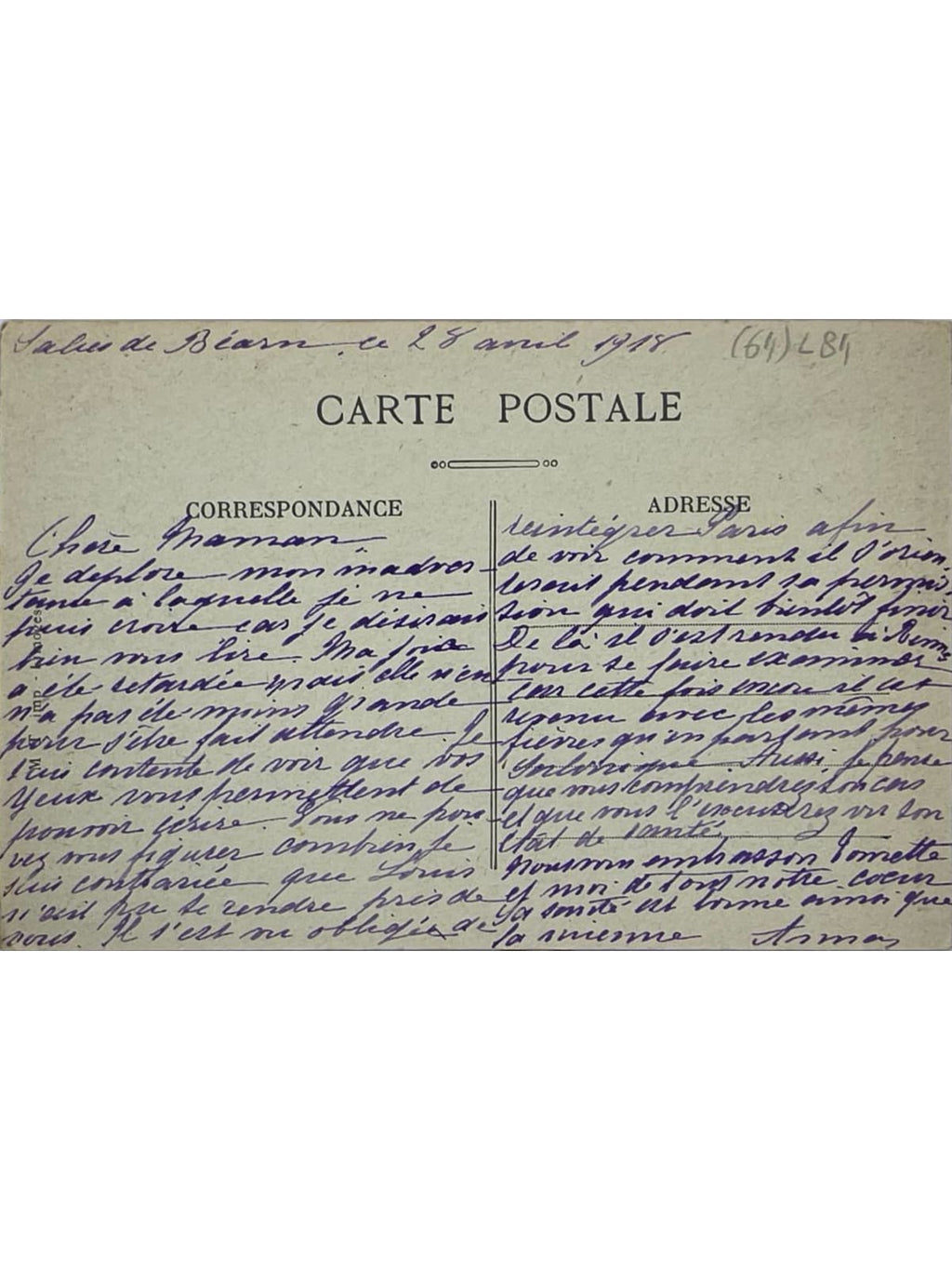 Verso de la carte postale