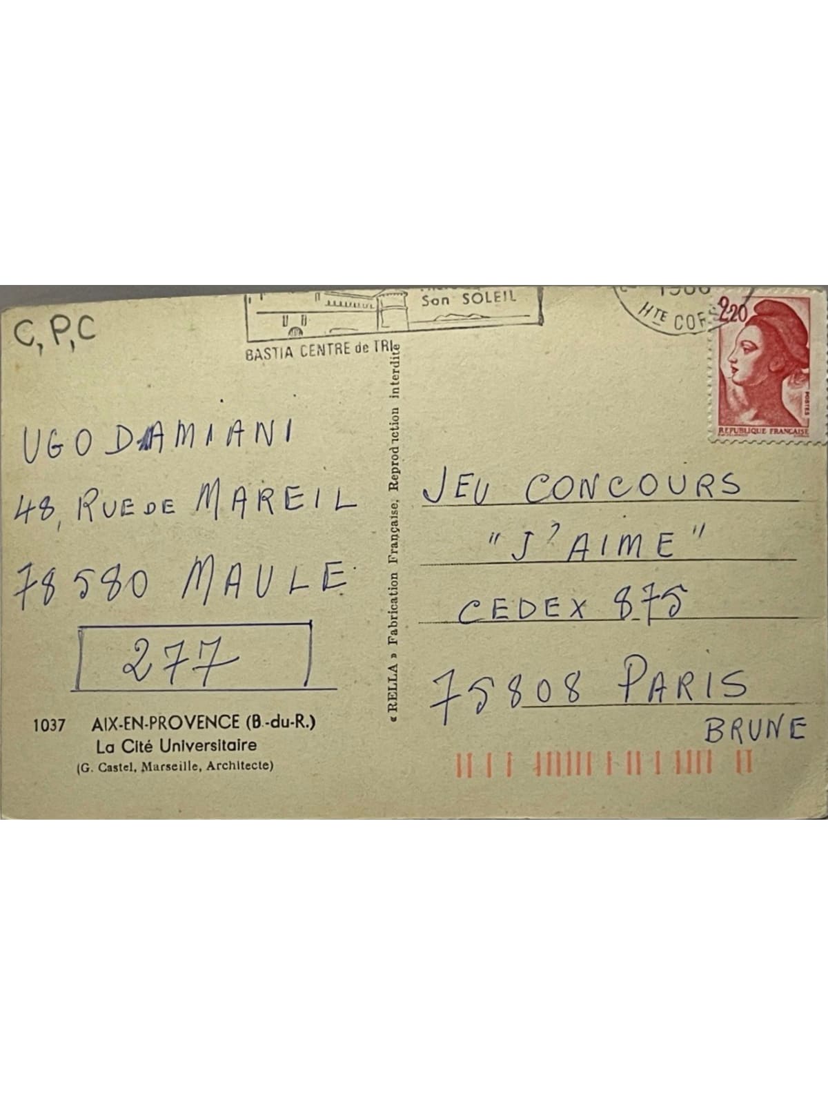 Verso de la carte postale