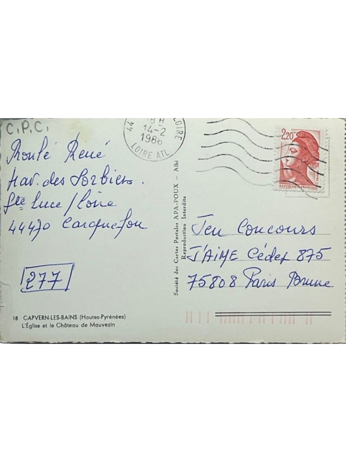 Verso de la carte postale