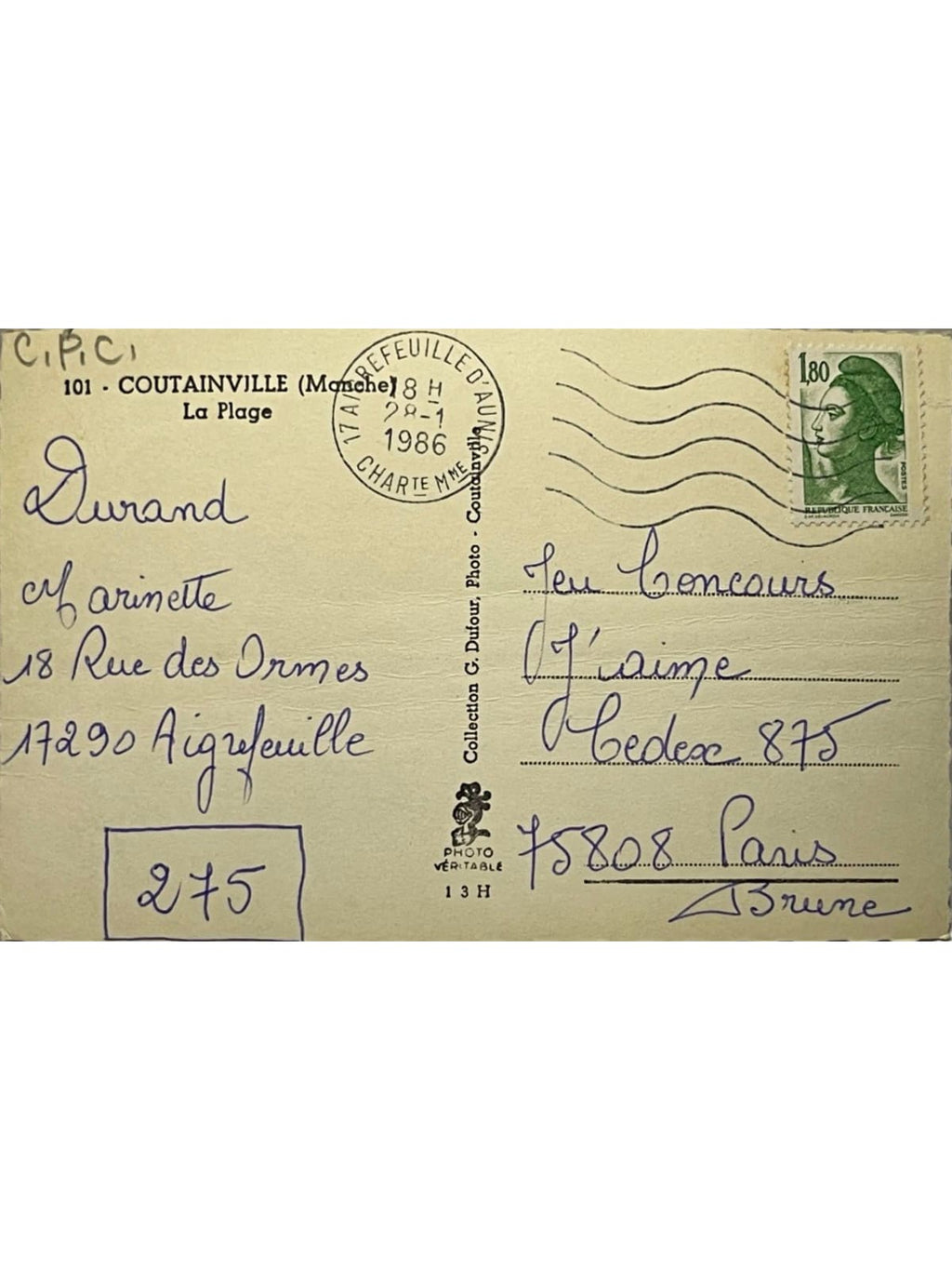Verso de la carte postale