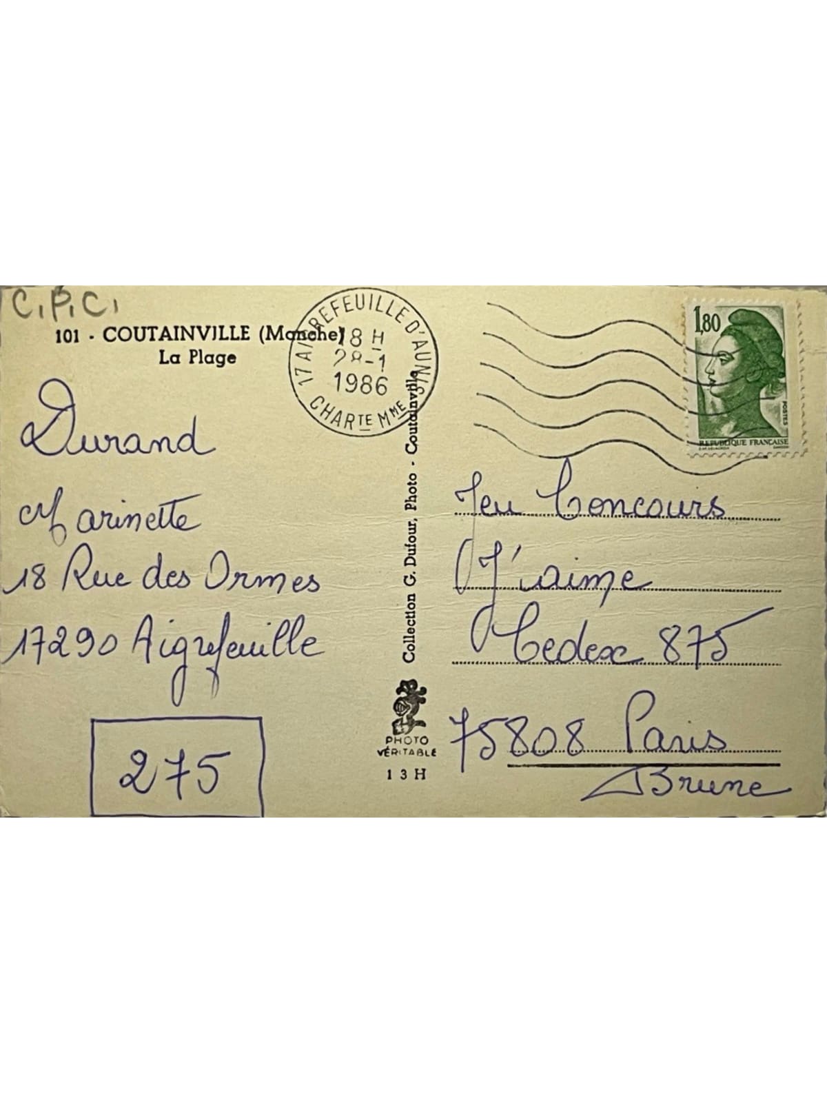 Verso de la carte postale