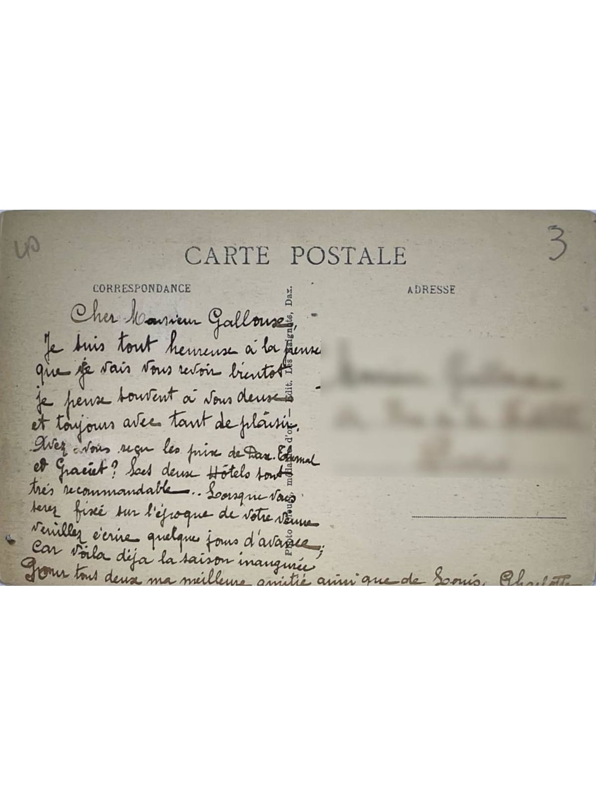 Verso de la carte postale