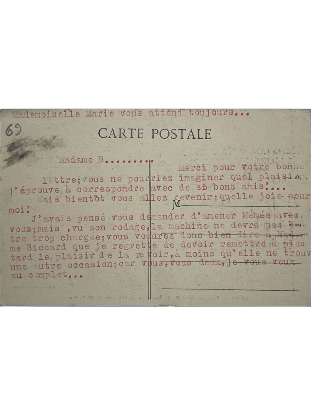 Verso de la carte postale