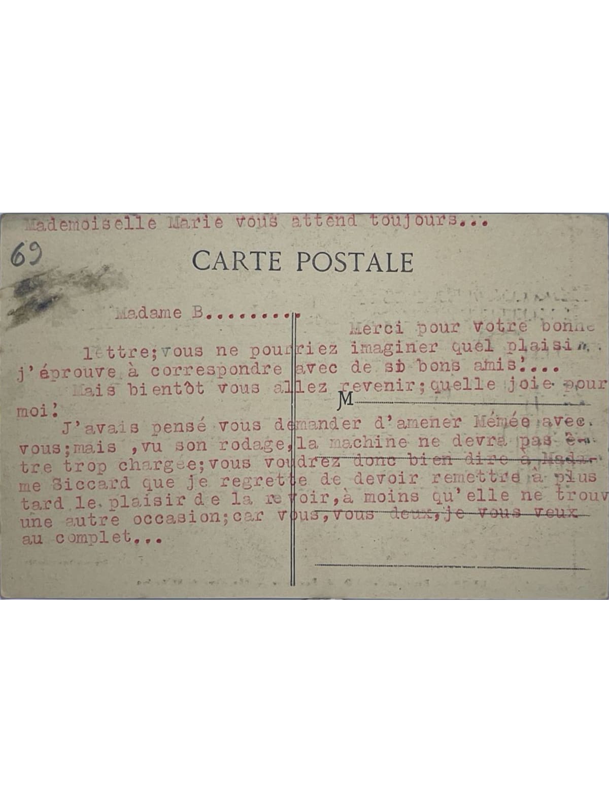 Verso de la carte postale