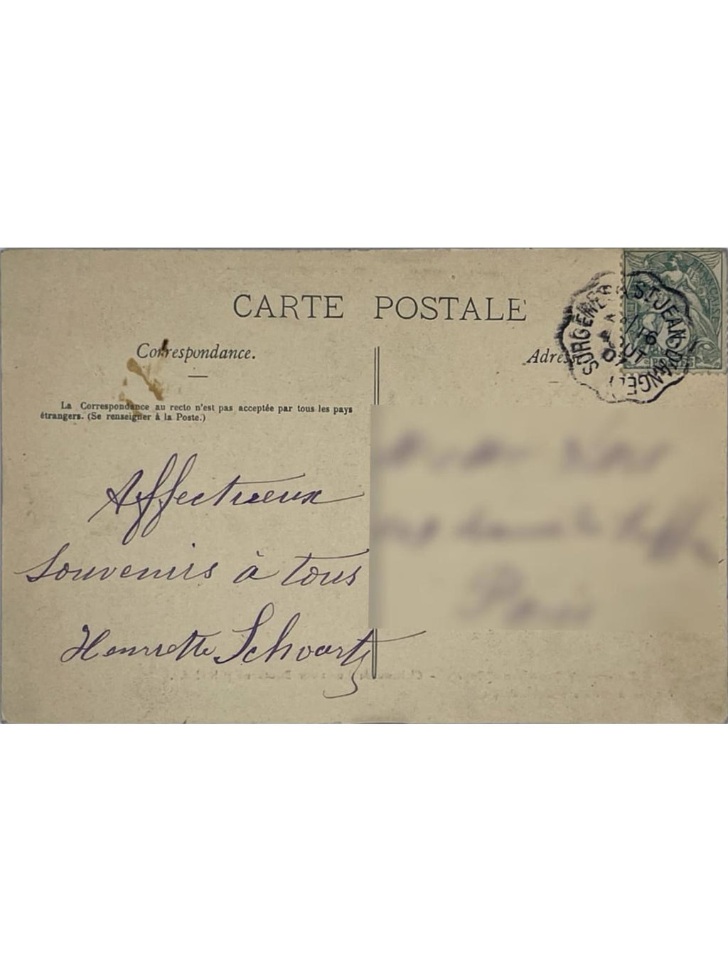 Verso de la carte postale
