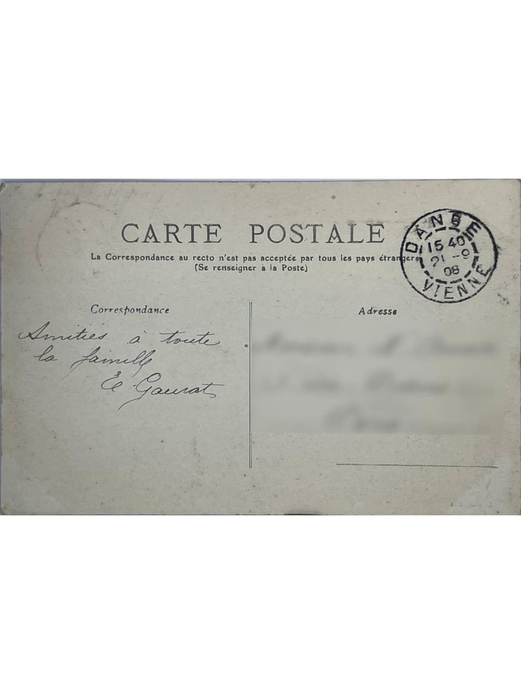 Verso de la carte postale