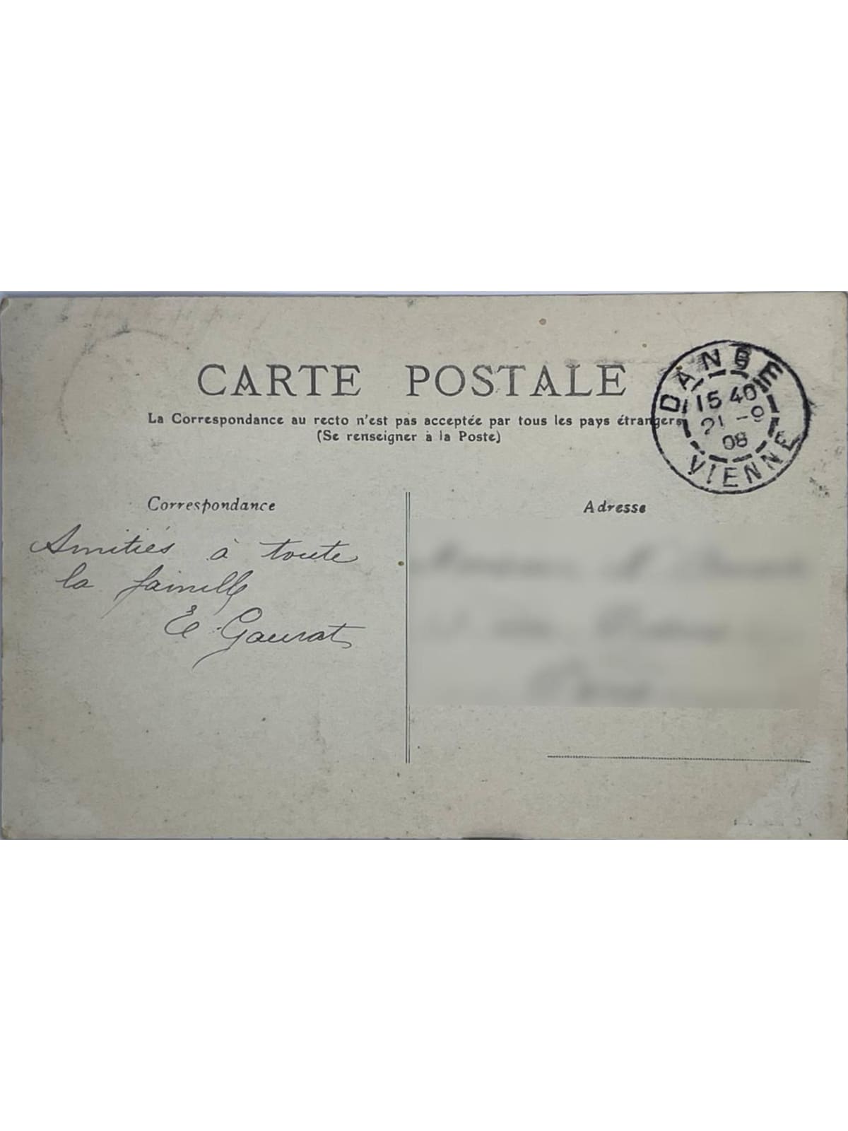 Verso de la carte postale