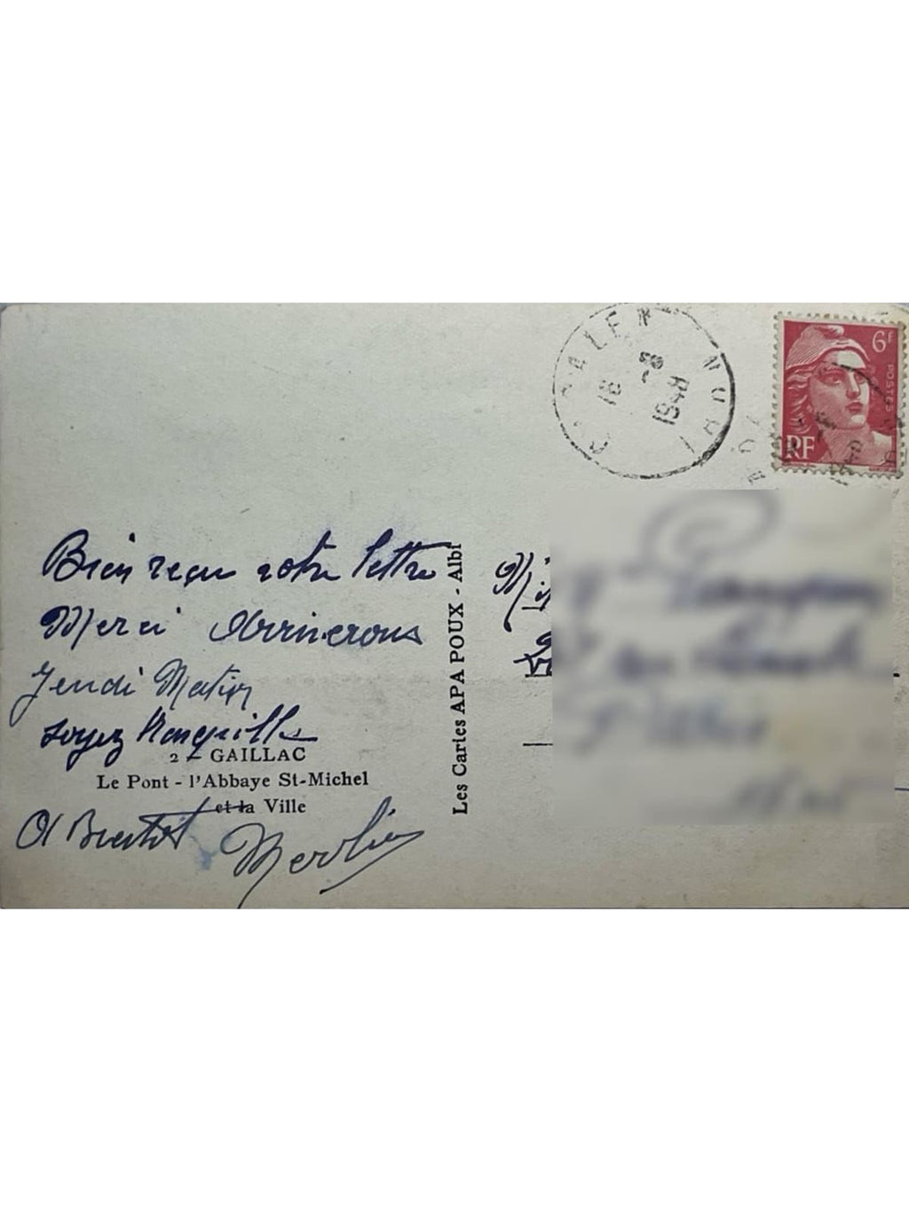 Verso de la carte postale