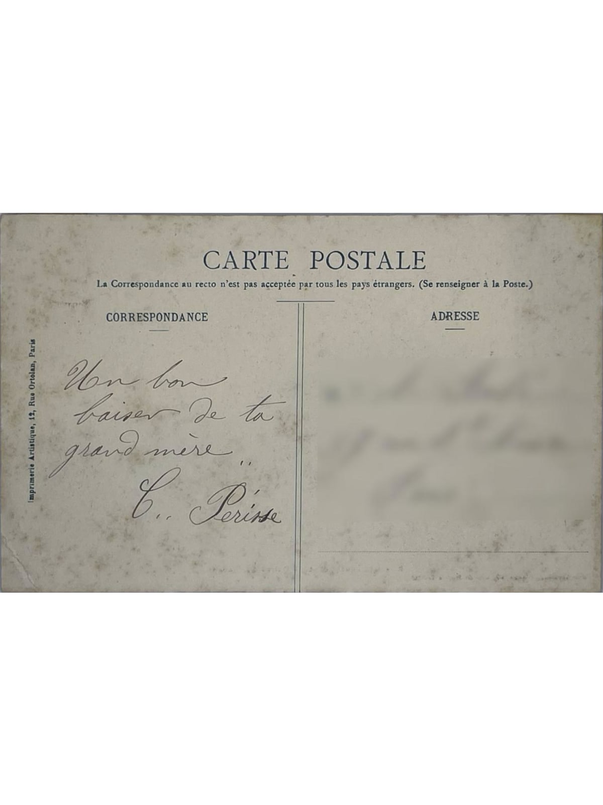 Verso de la carte postale