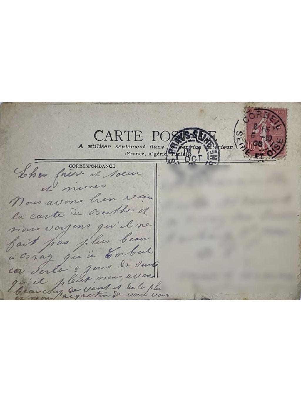 Verso de la carte postale