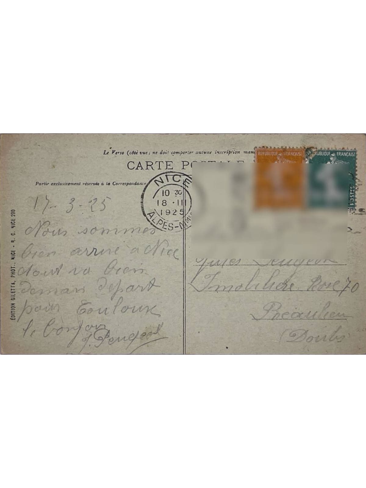 Verso de la carte postale