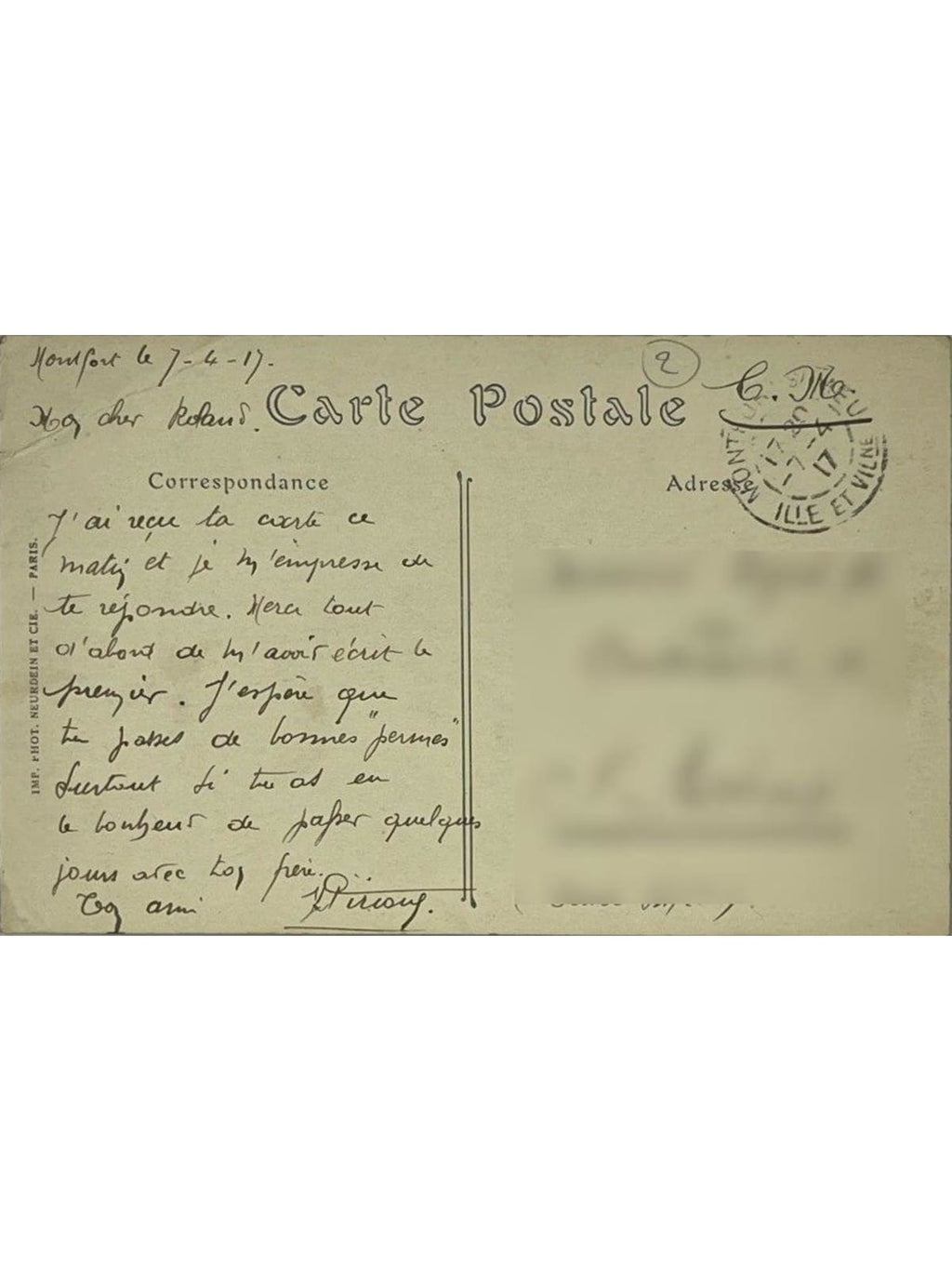 Verso de la carte postale