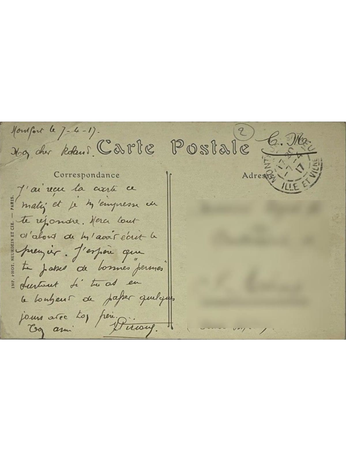 Verso de la carte postale