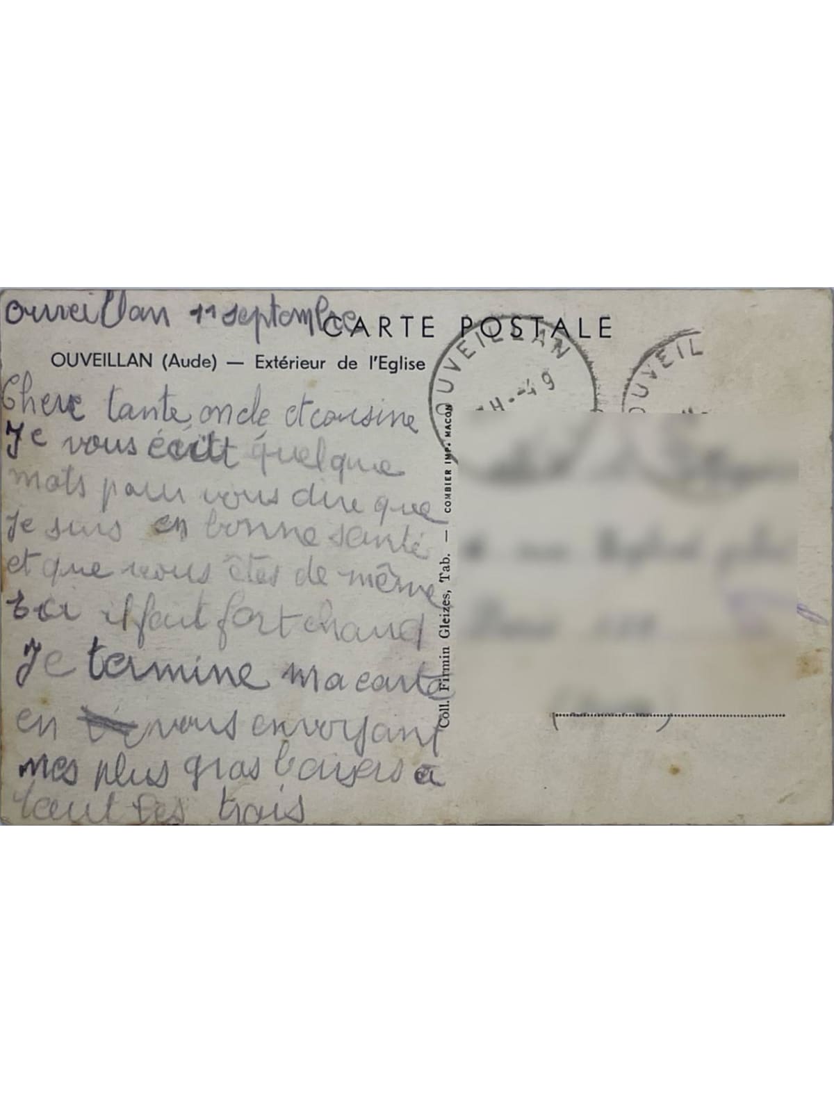 Verso de la carte postale