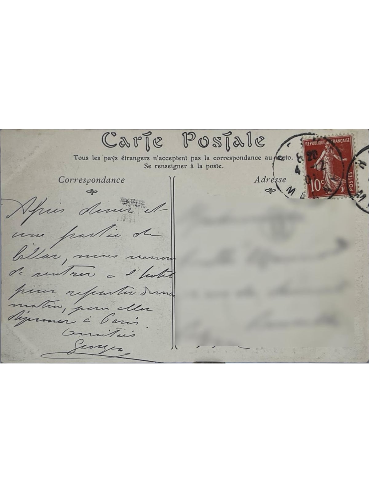Verso de la carte postale