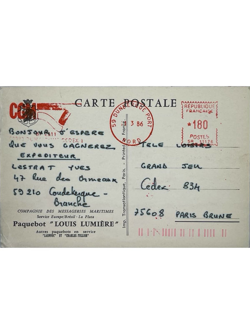 Verso de la carte postale