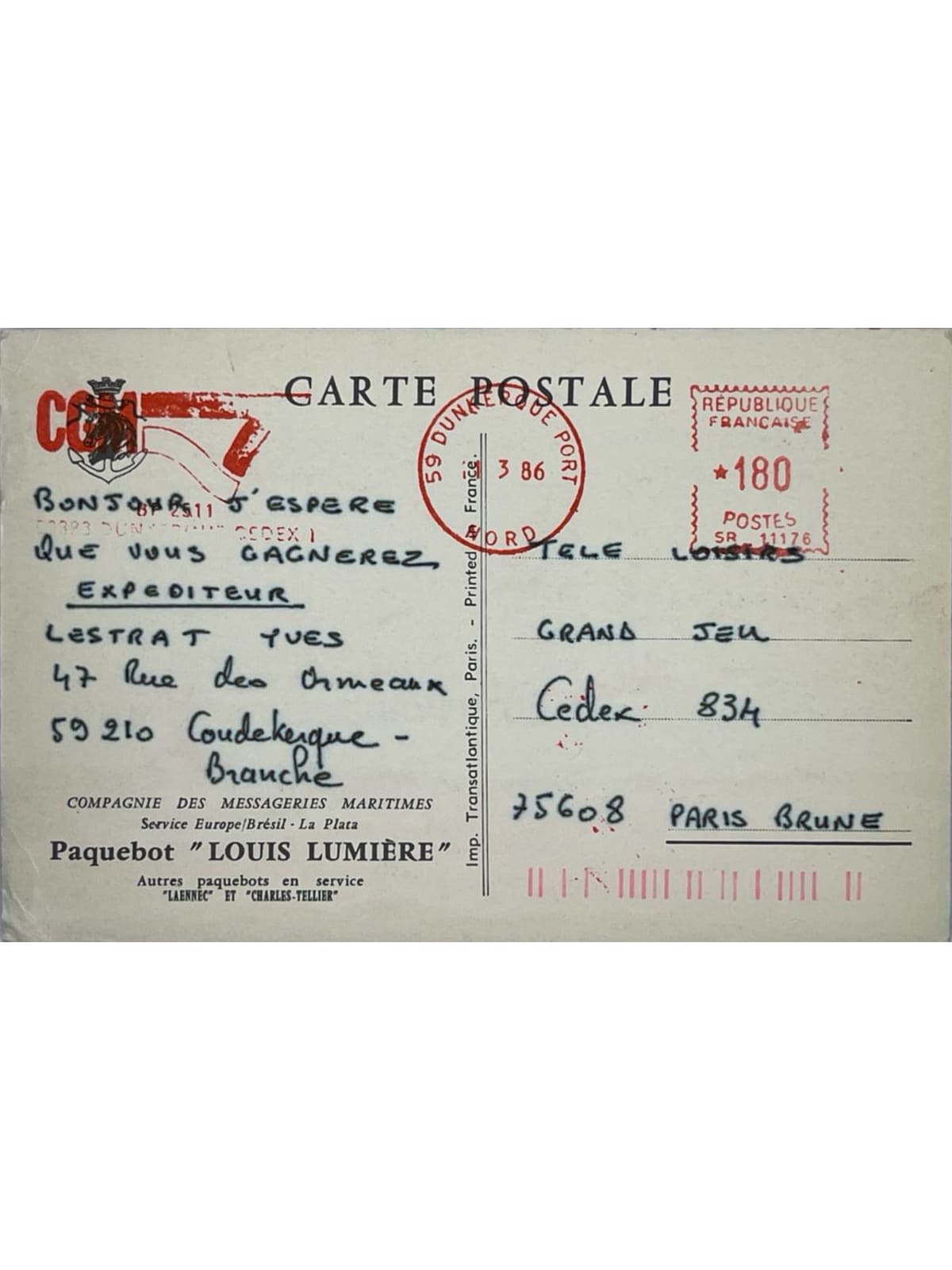 Verso de la carte postale