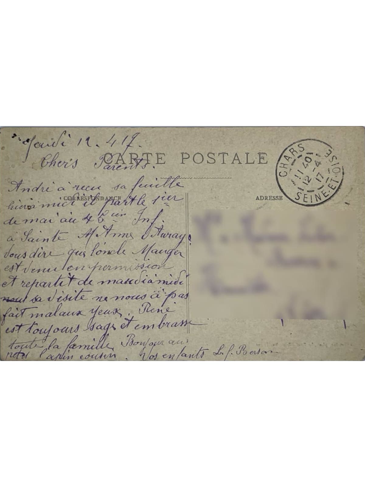 Verso de la carte postale