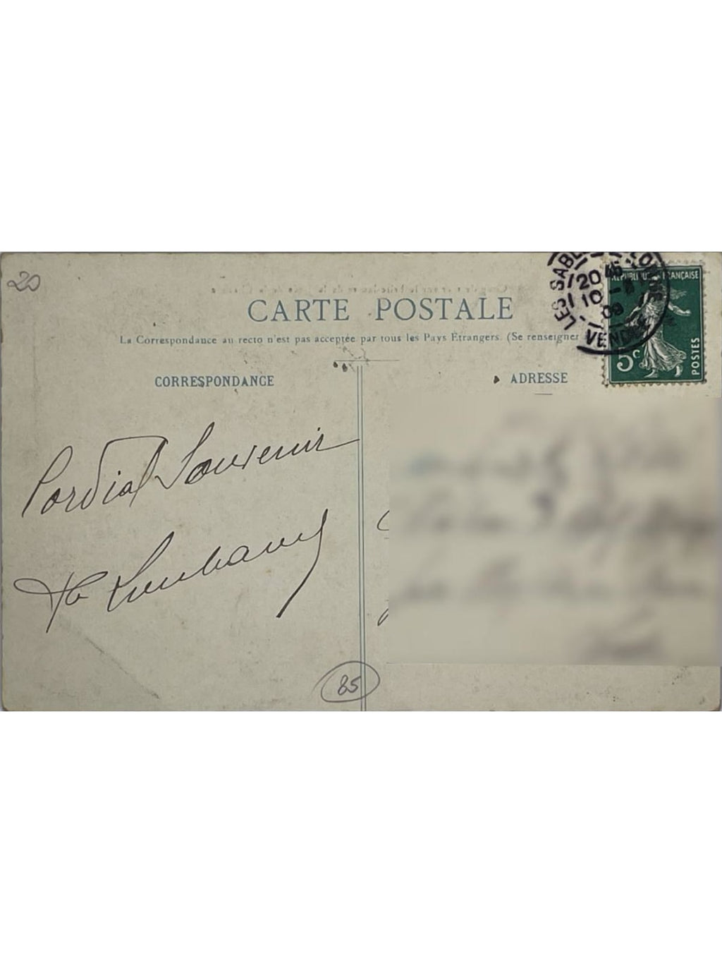 Verso de la carte postale