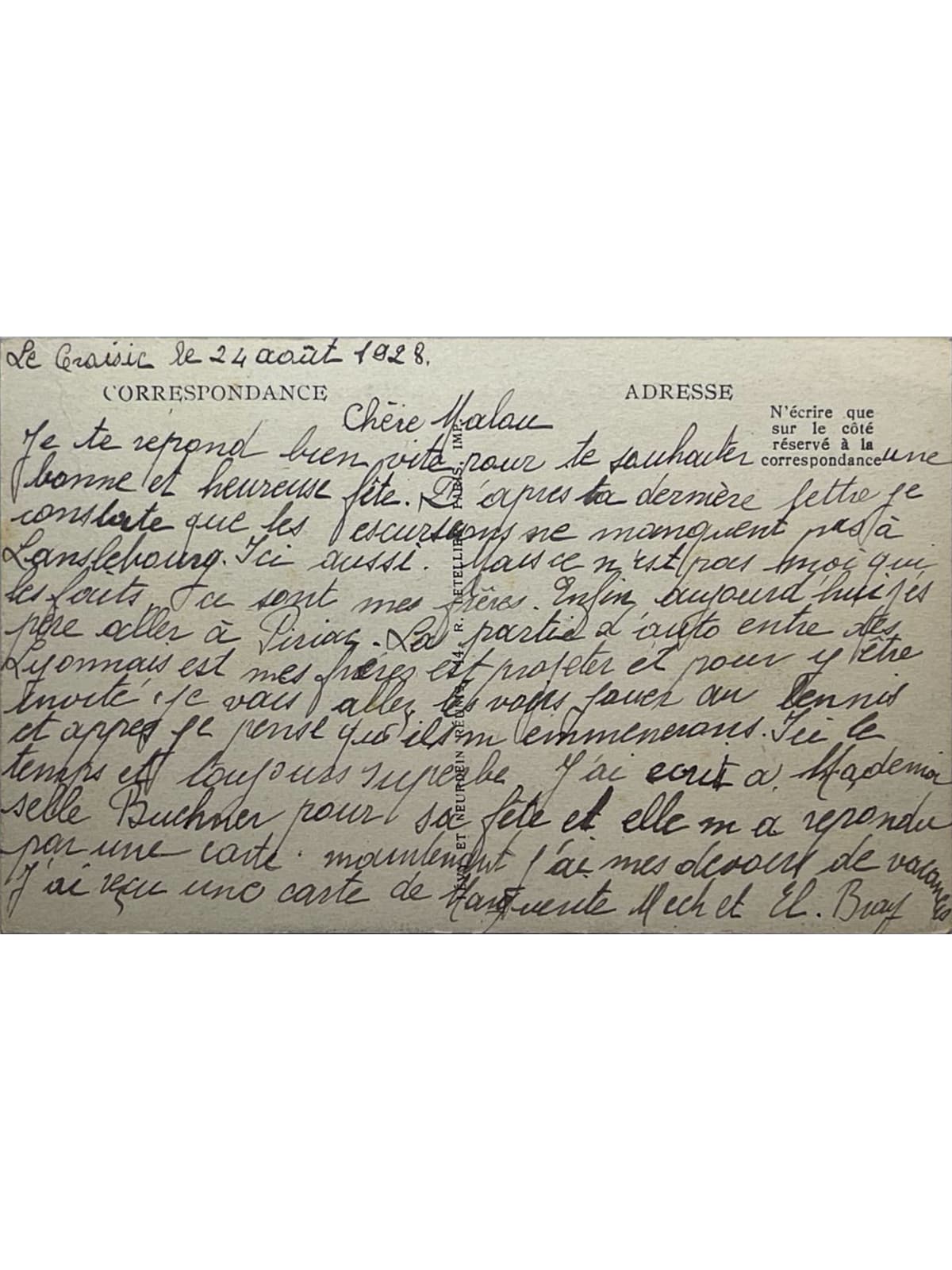 Verso de la carte postale