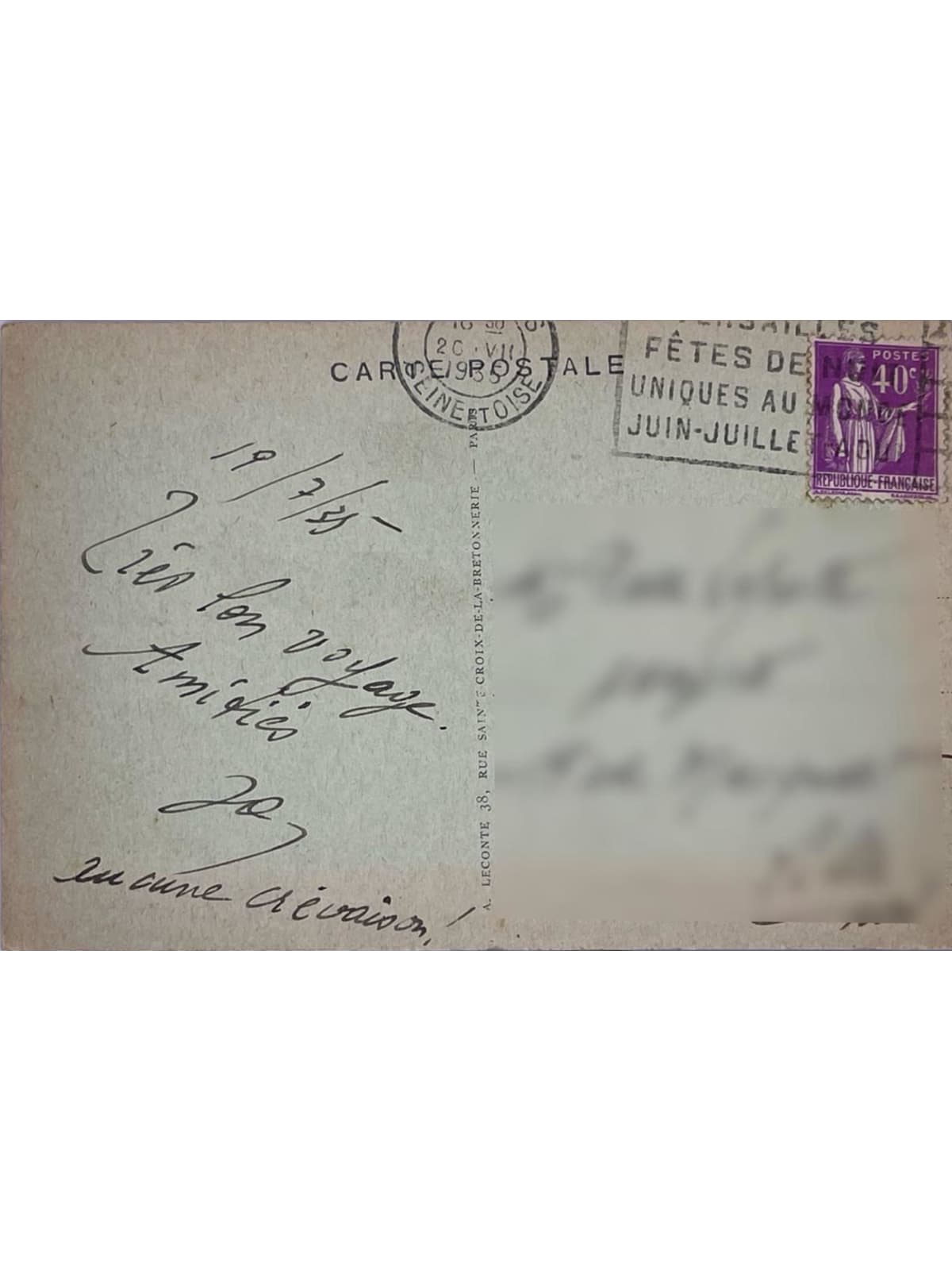 Verso de la carte postale