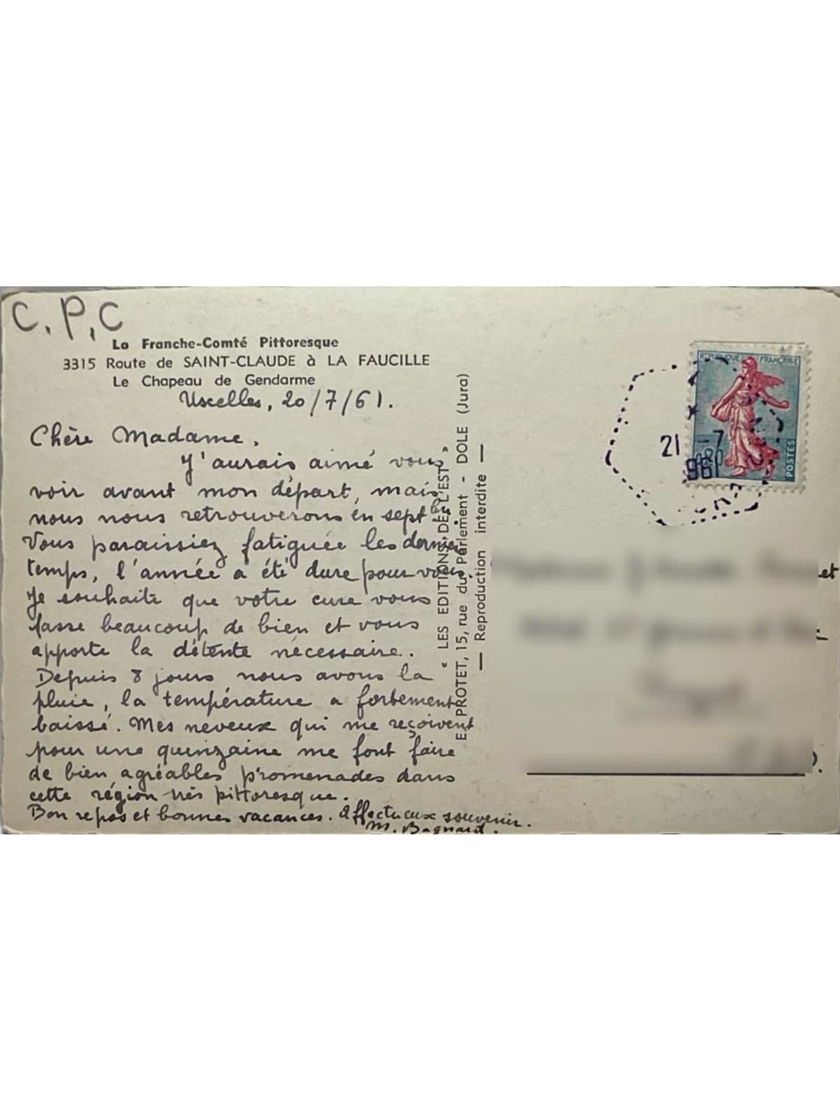 Verso de la carte postale
