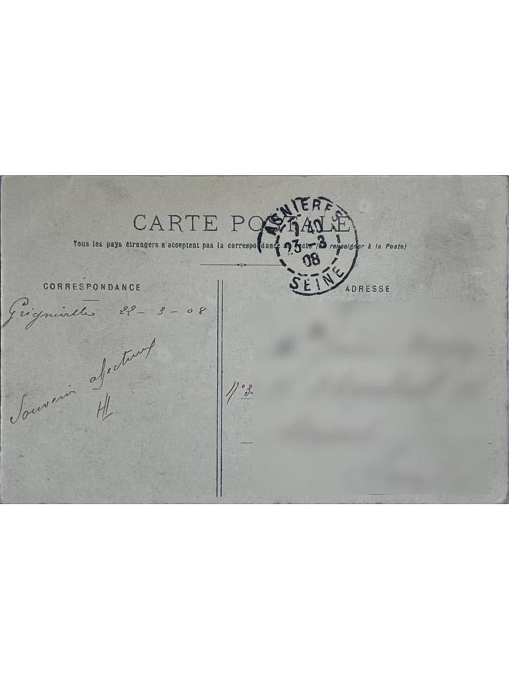 Verso de la carte postale
