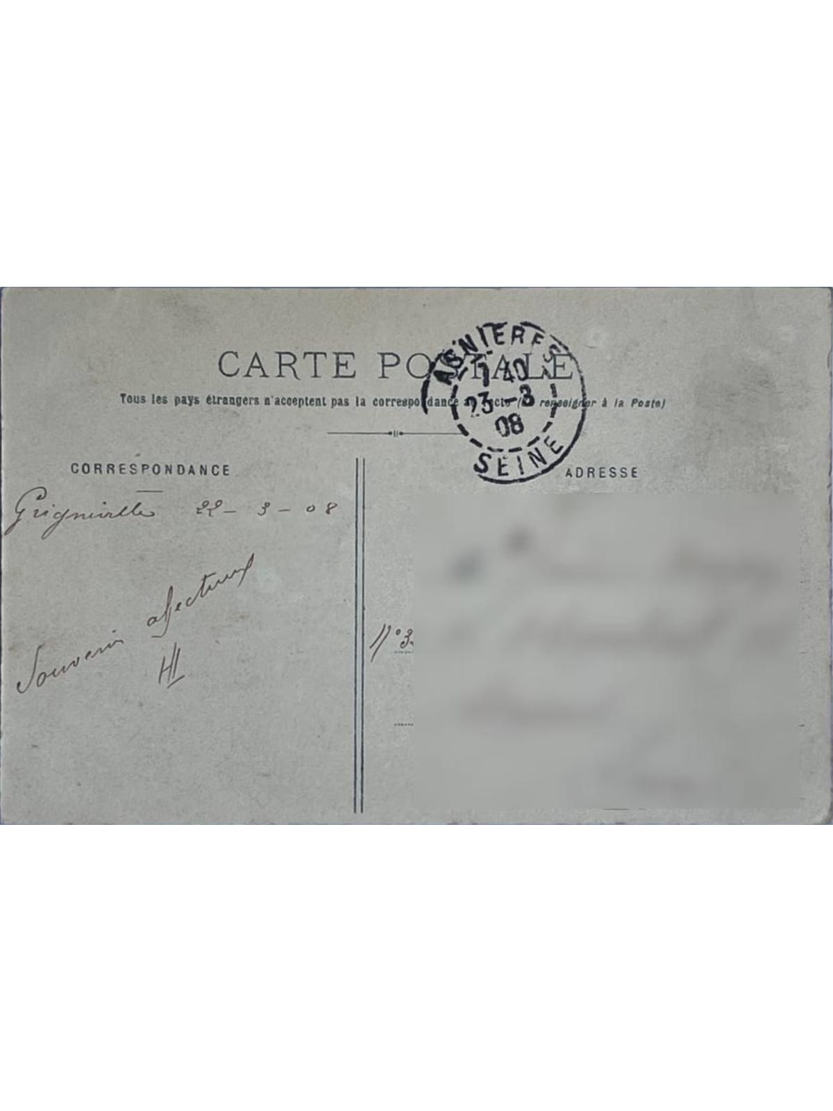 Verso de la carte postale