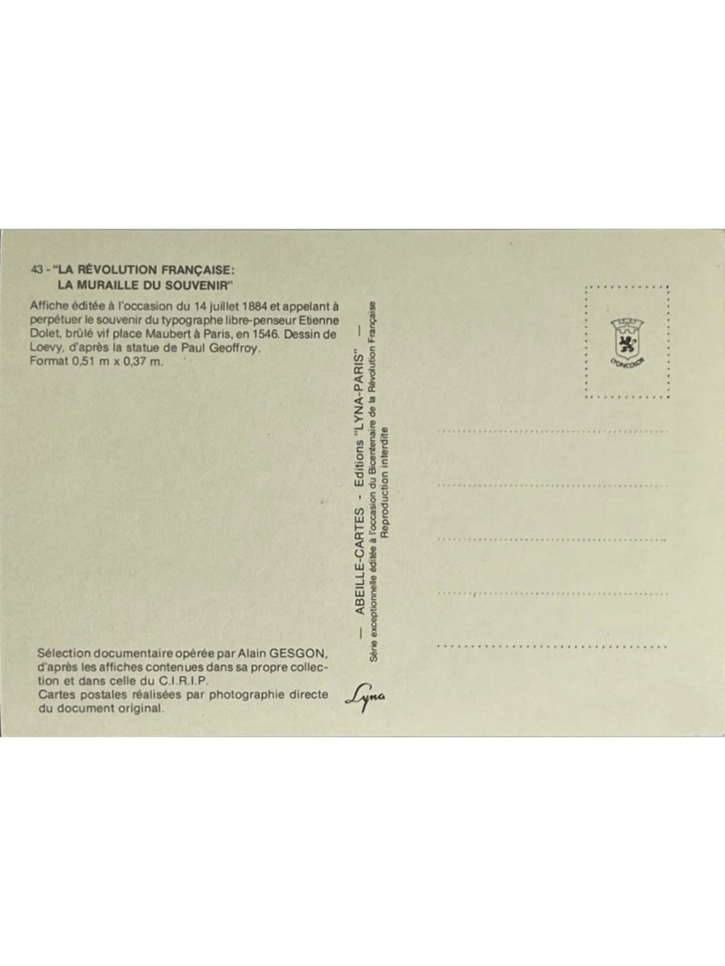 Verso de la carte postale