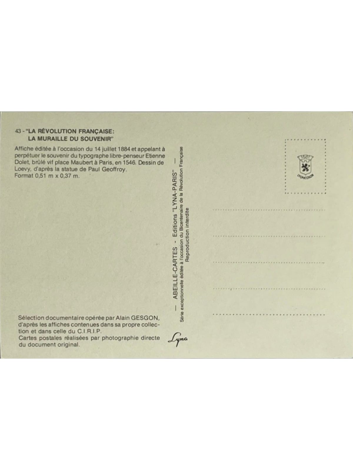 Verso de la carte postale