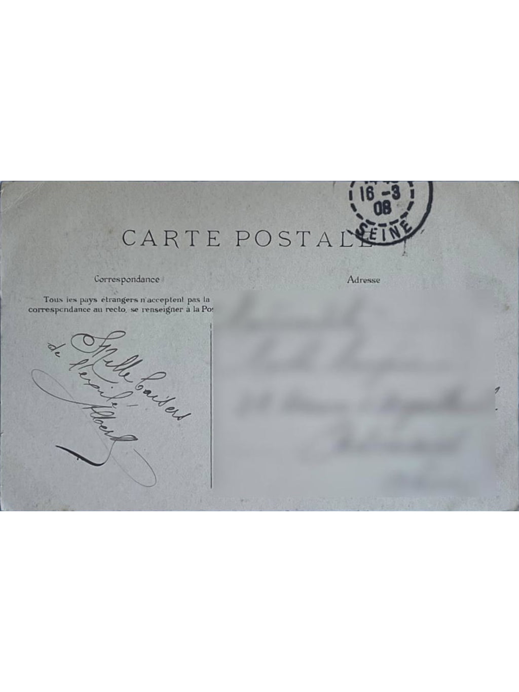 Verso de la carte postale