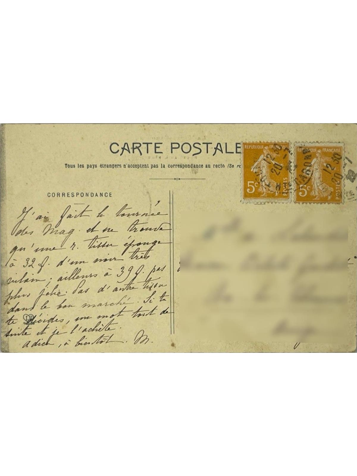 Verso de la carte postale