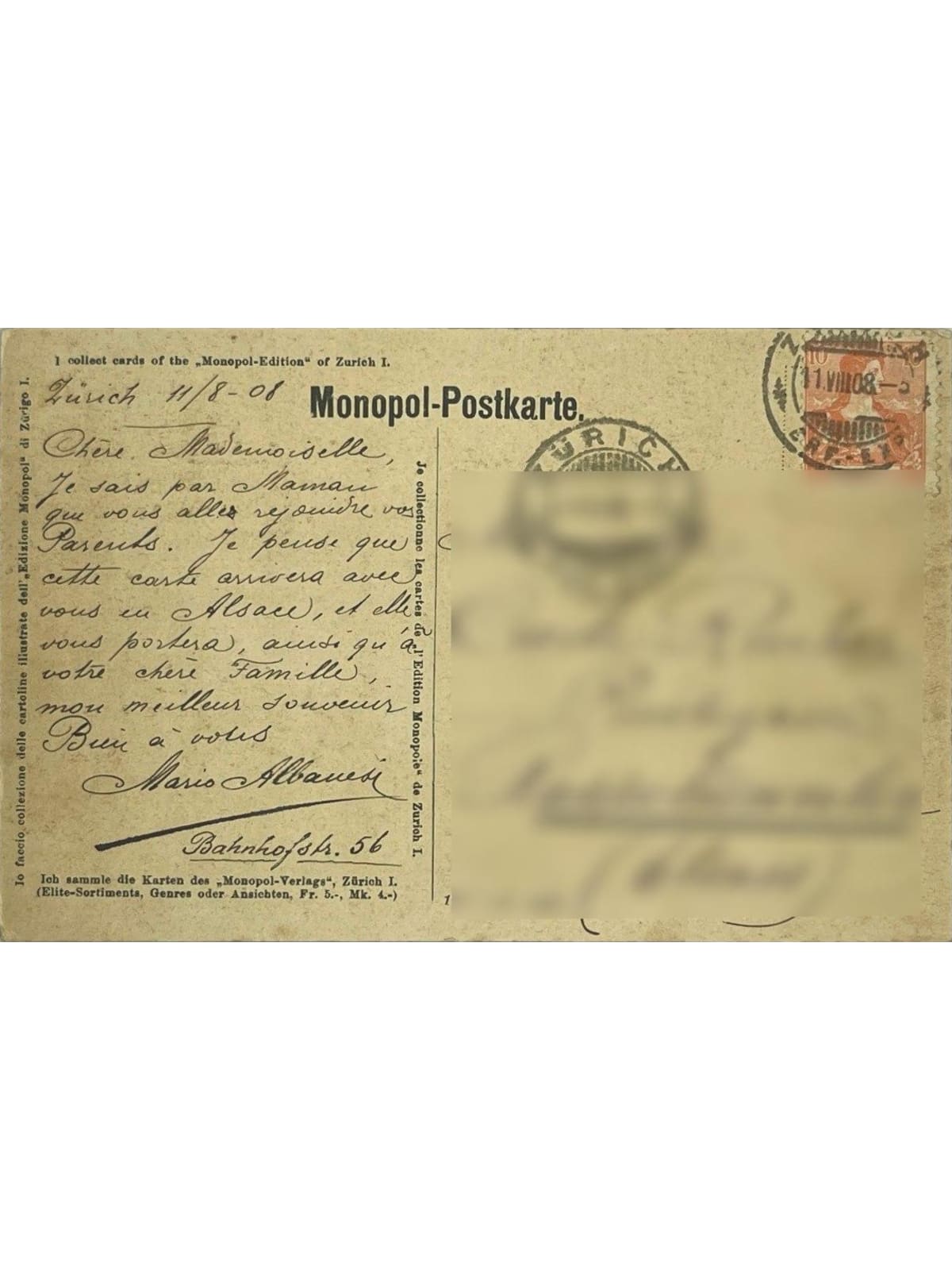 Verso de la carte postale