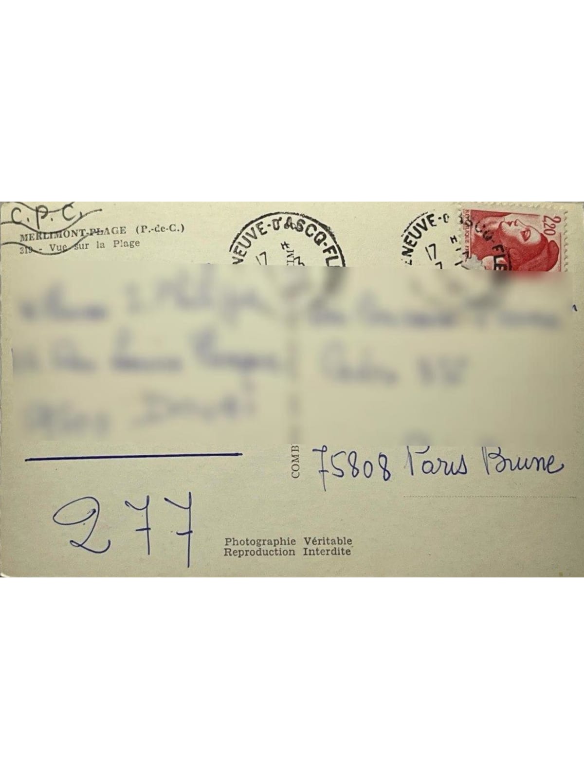 Verso de la carte postale