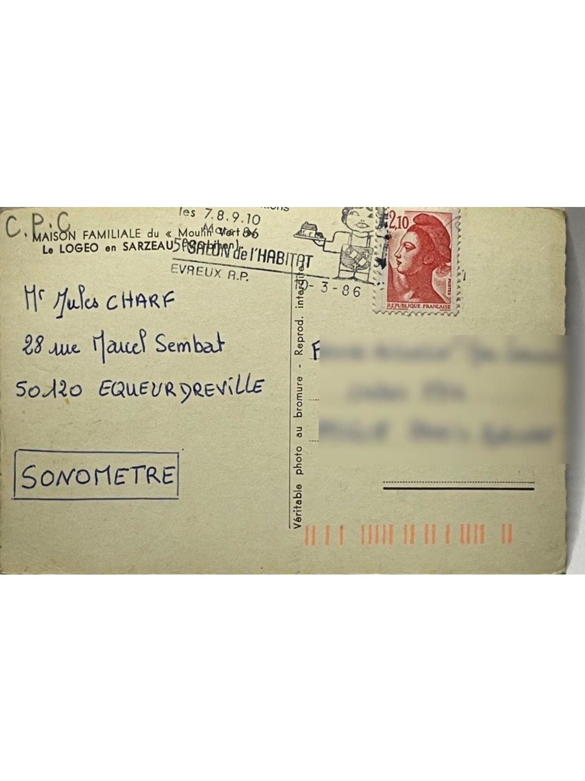 Verso de la carte postale