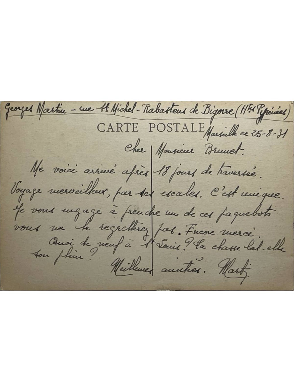 Verso de la carte postale