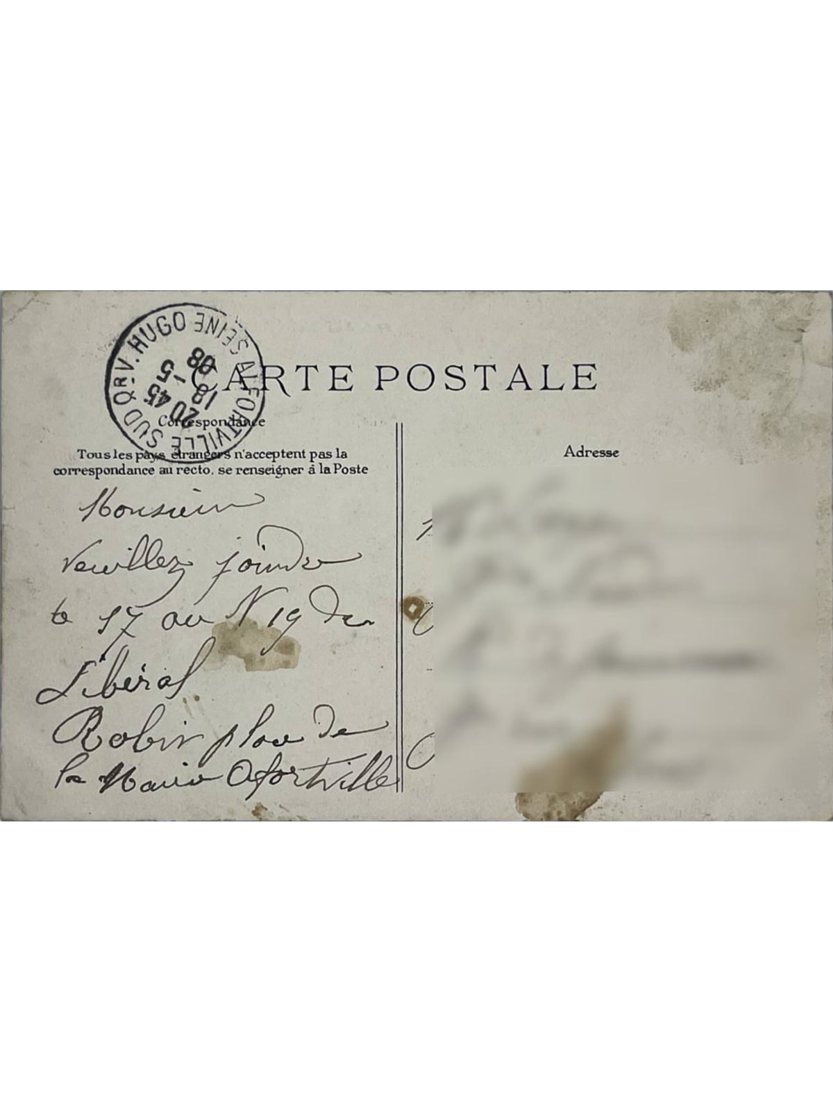Verso de la carte postale