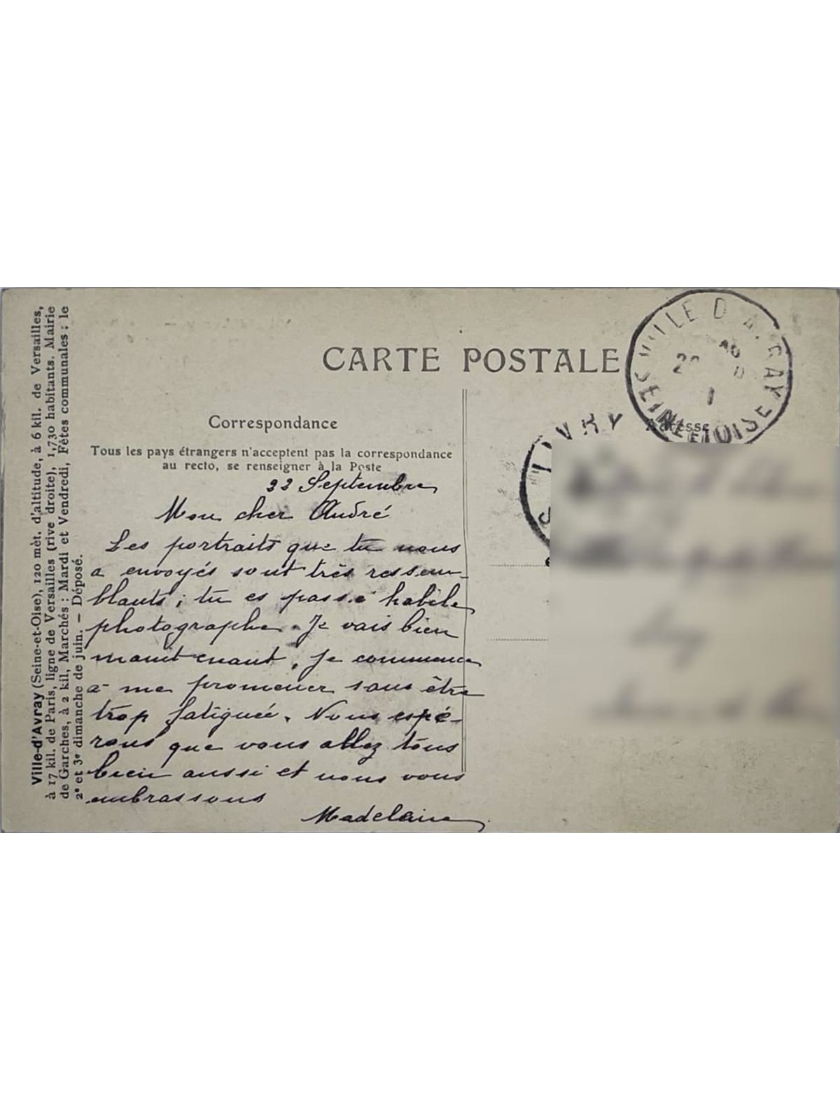 Verso de la carte postale