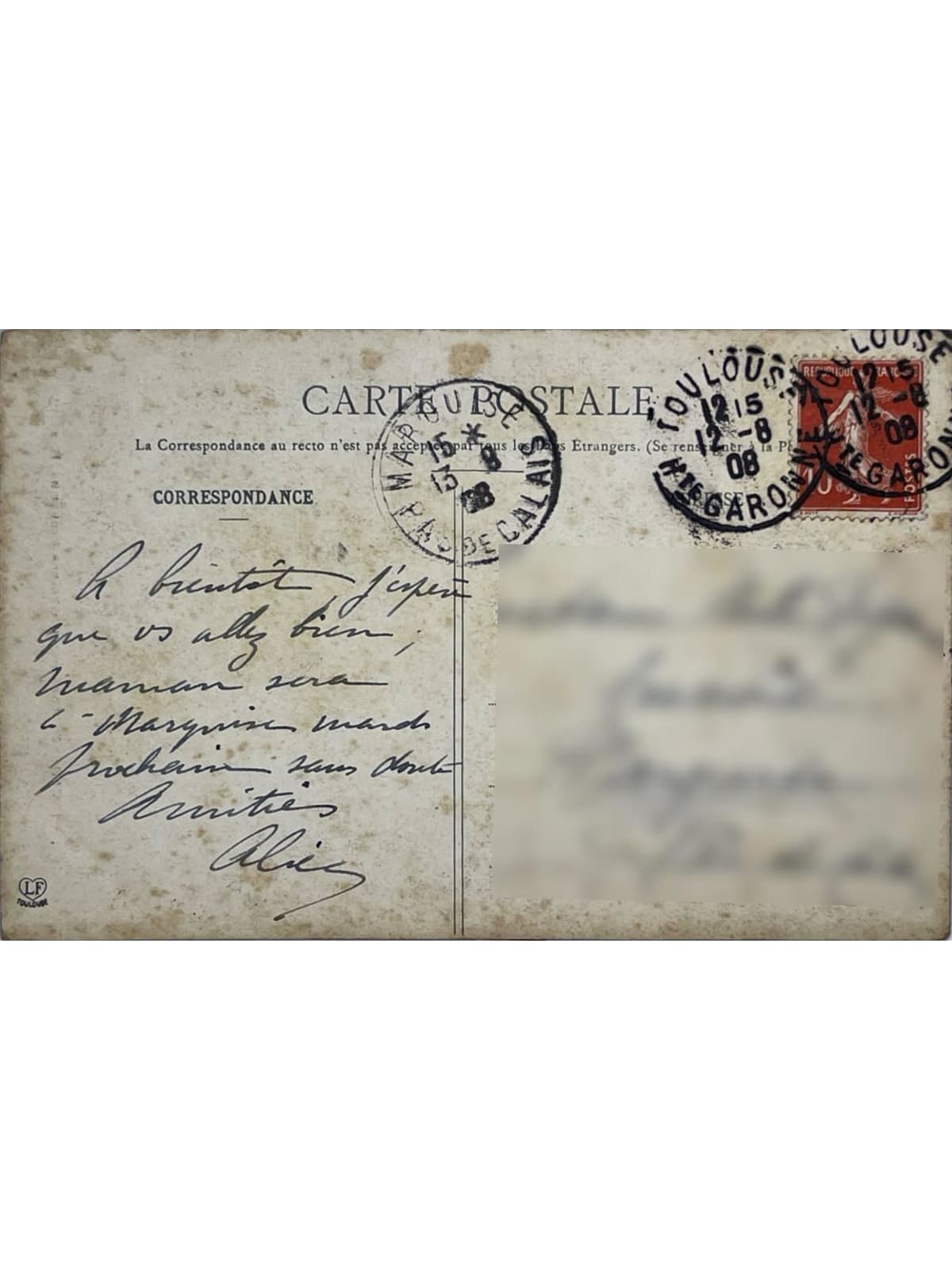 Verso de la carte postale